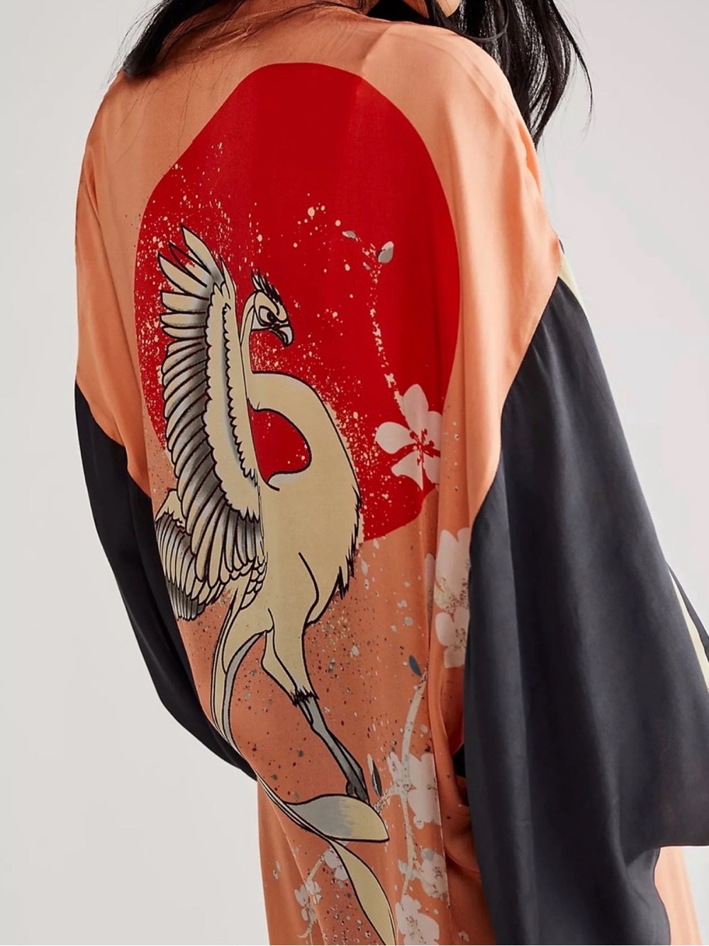 Free People - NWOT Peach Crane Print Kimono with Black Sleeves